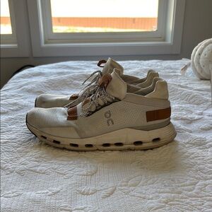 On Running Cream and Brown Sneakers with Cloud Cushioning